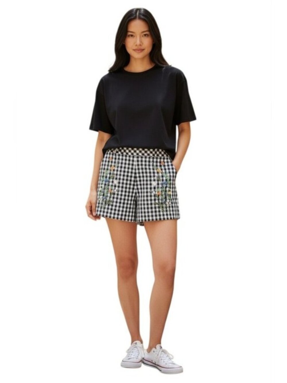 For The Republic Black & White Gingham Embroidered Women’s Shorts